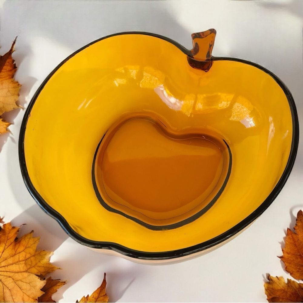 Vintage Orchard Amber by Hazel Atlas Large Apple Shaped Glass Bowl